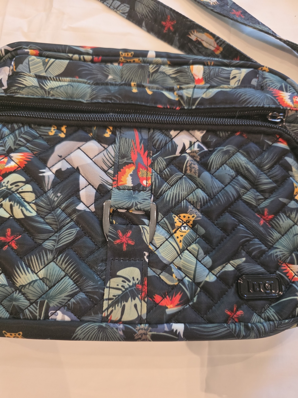 Lug Quilted Tropical-Print Crossbody Bag - Navy
